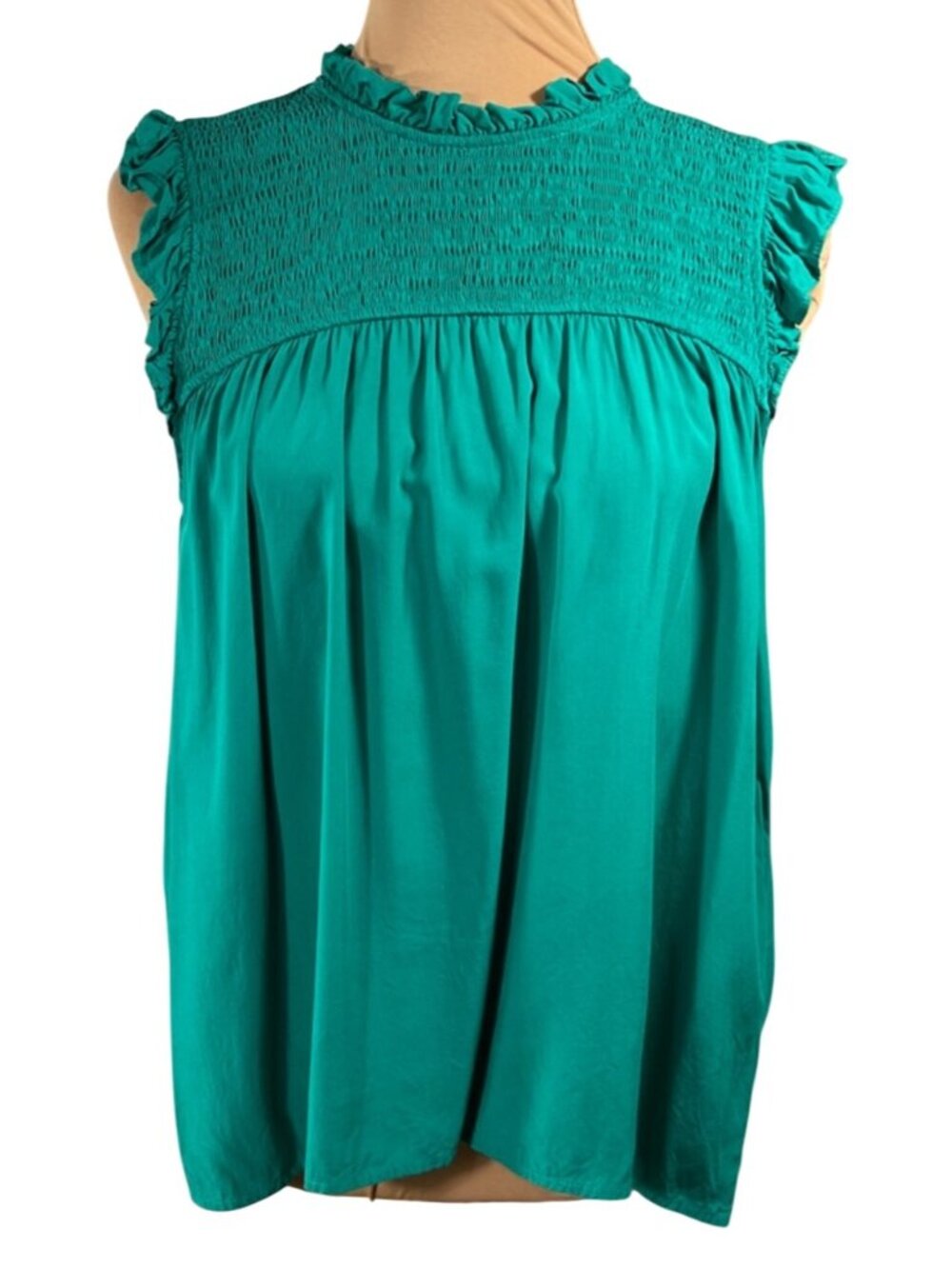 Staccato Top Shirt Green Smocked Size M Medium Ruffle Cap Sleeve
